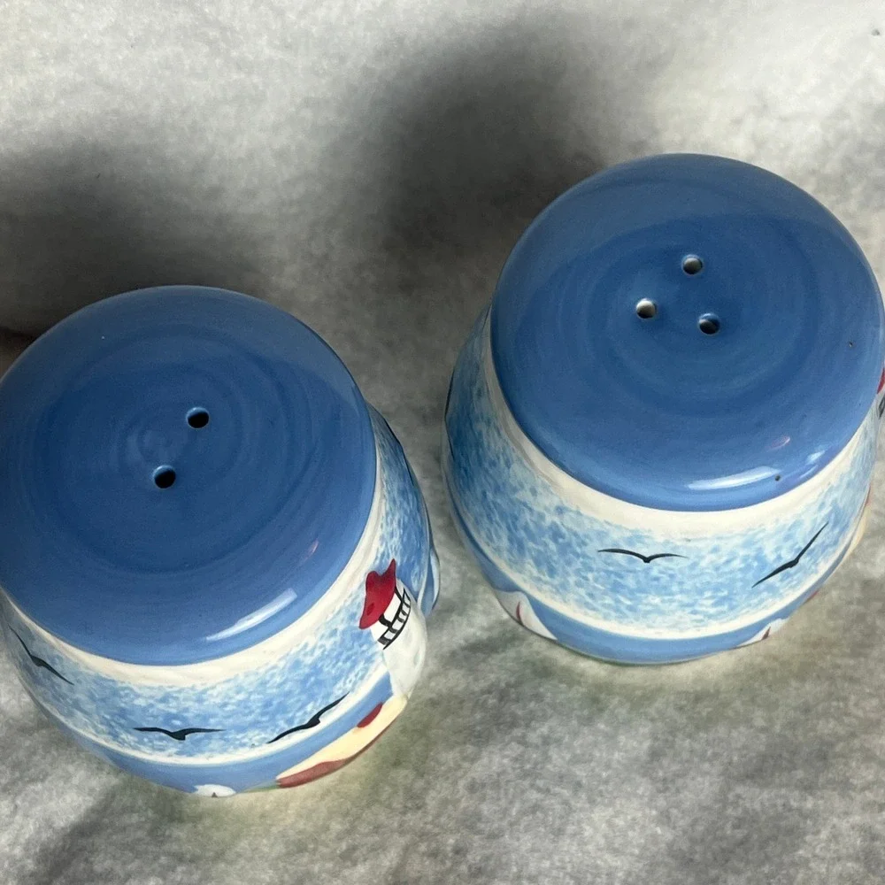 Nautical Lighthouse Sailboat Ceramic Salt and Pepper Shaker Set Coastal Blue